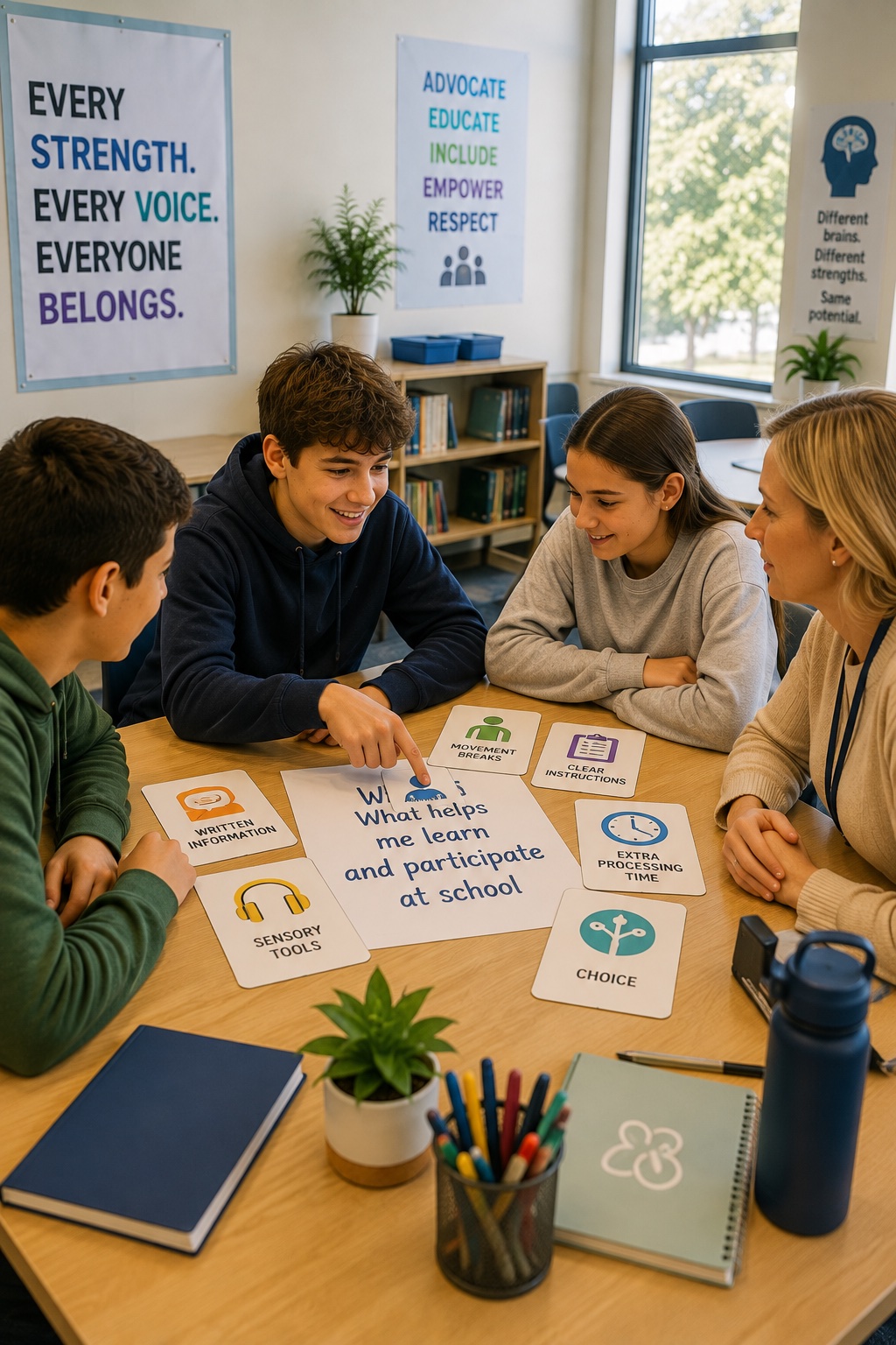 Students and a teacher exploring what helps them learn and participate at school