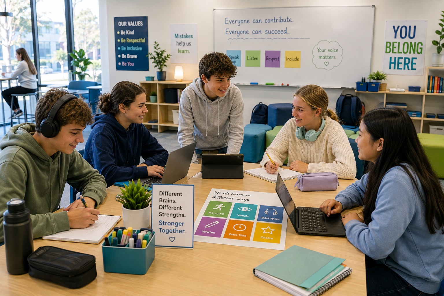 Secondary-school students and a teacher discussing neurodiversity and inclusion together