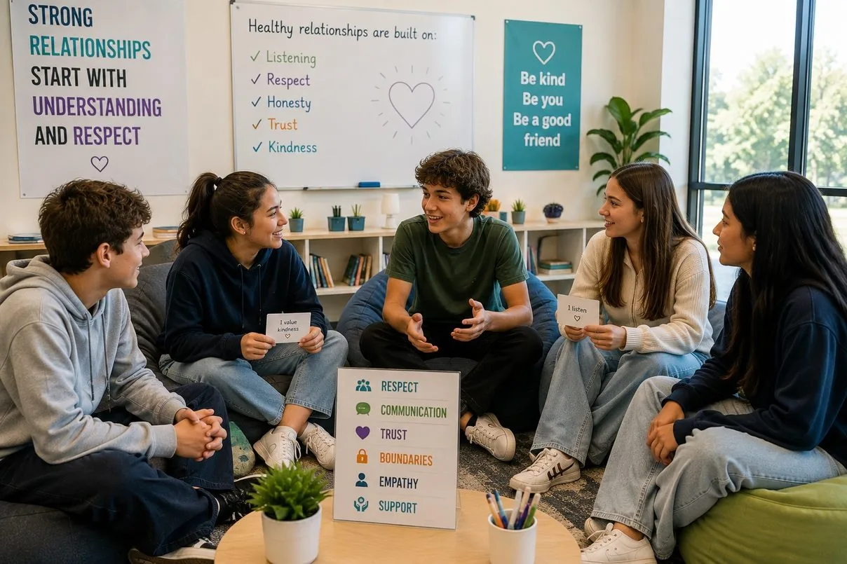 Teenagers discussing healthy relationships together during the workshop