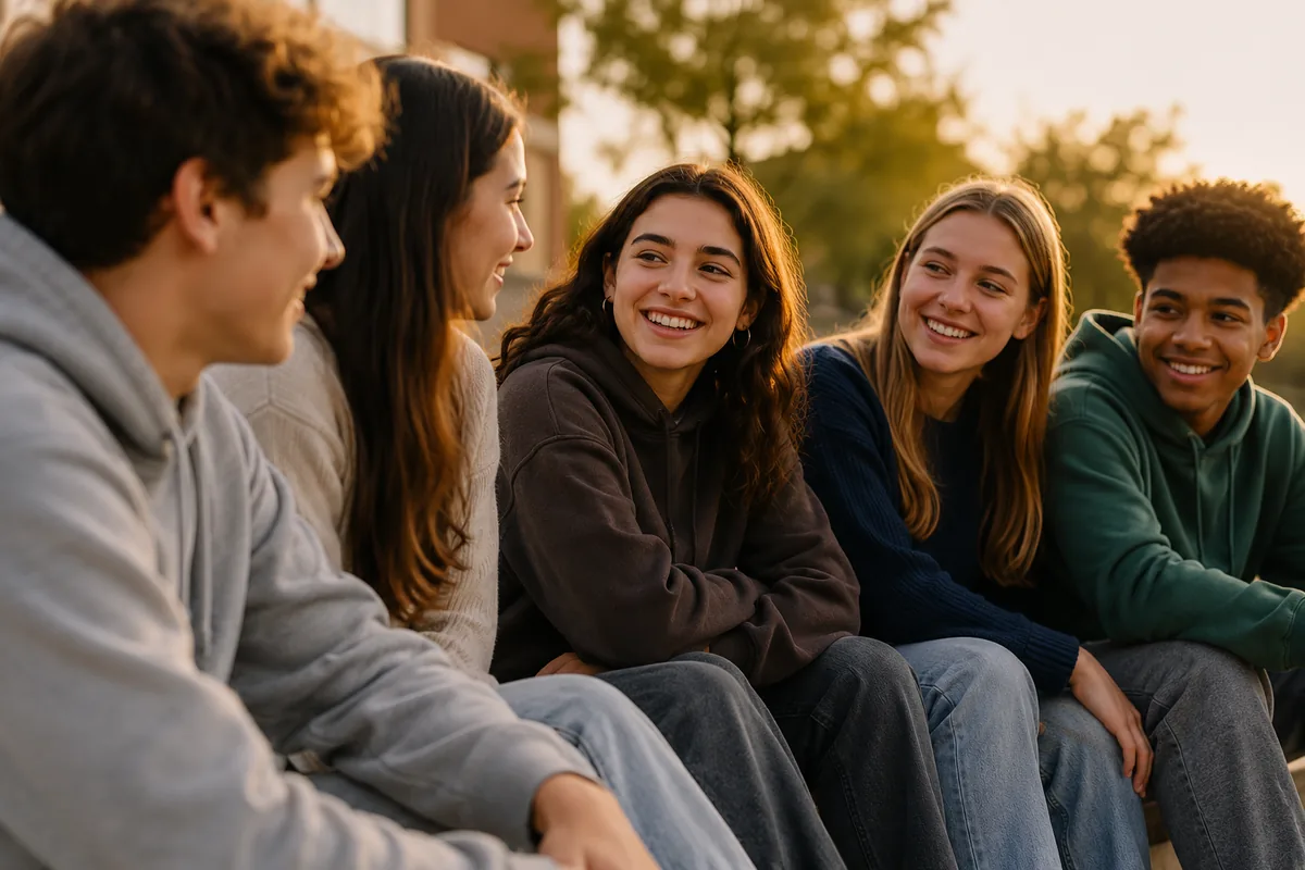 A group of secondary-school students sitting together and talking outside