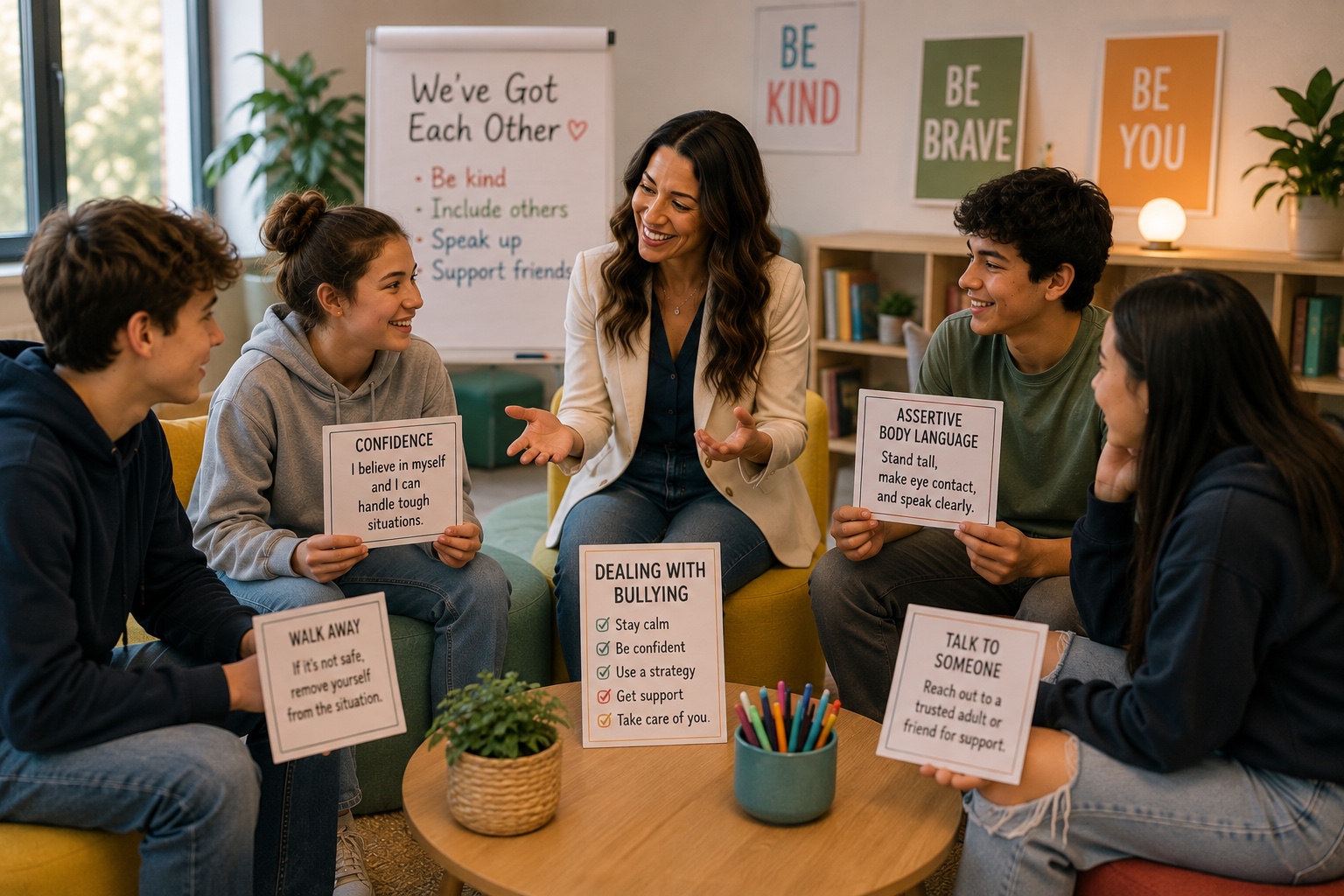 A psychologist and a small group of teenagers discussing strategies for dealing with bullying during the PEERS Bullyproof Bootcamp