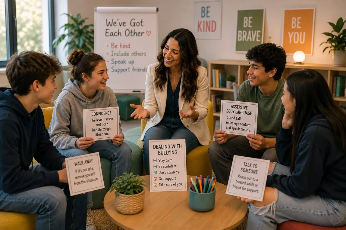 A psychologist and a small group of teenagers discussing strategies for dealing with bullying during the PEERS Bullyproof Bootcamp