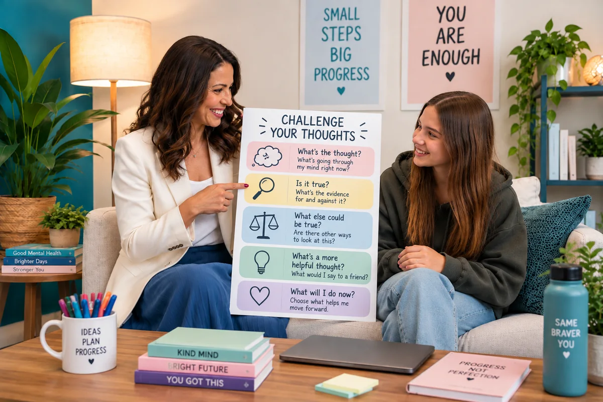 A psychologist and a teenager working through a thought-challenging worksheet together