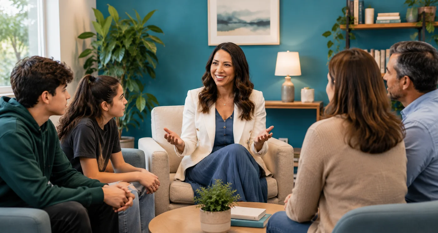 Illustrative image of a clinician in conversation with a family in the clinic
