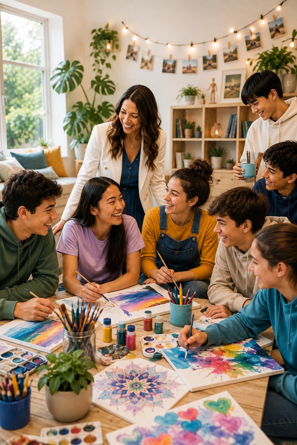 A facilitator talking with a small group of teenagers