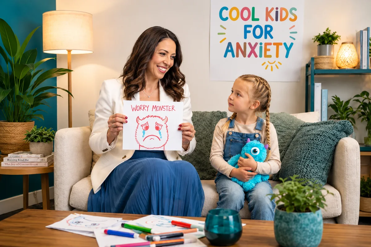 A facilitator and a young child working through a worry-monster worksheet together