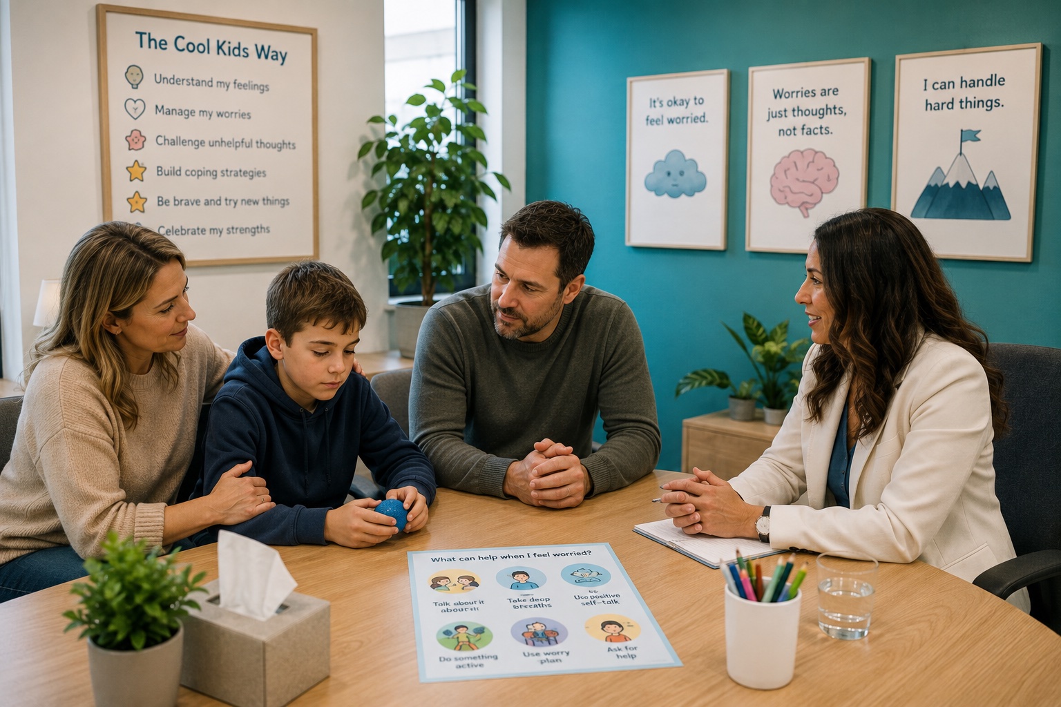A family and their psychologist talking together during a Cool Kids session