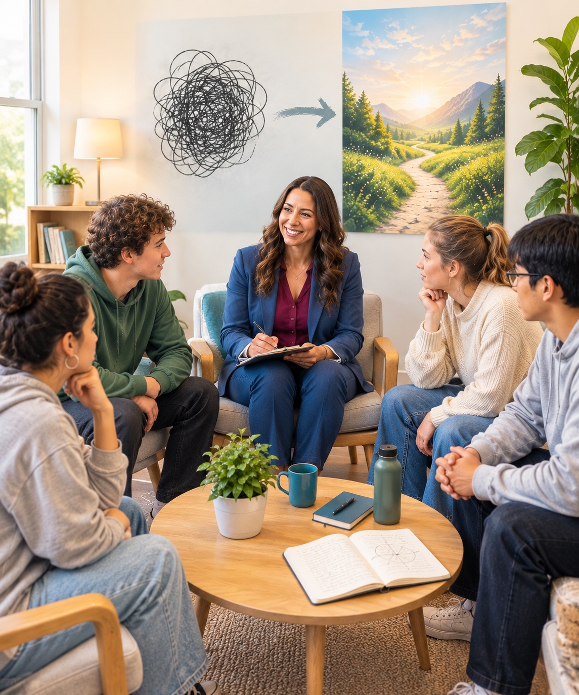 A facilitator leading a DBT skills group with young people around a table
