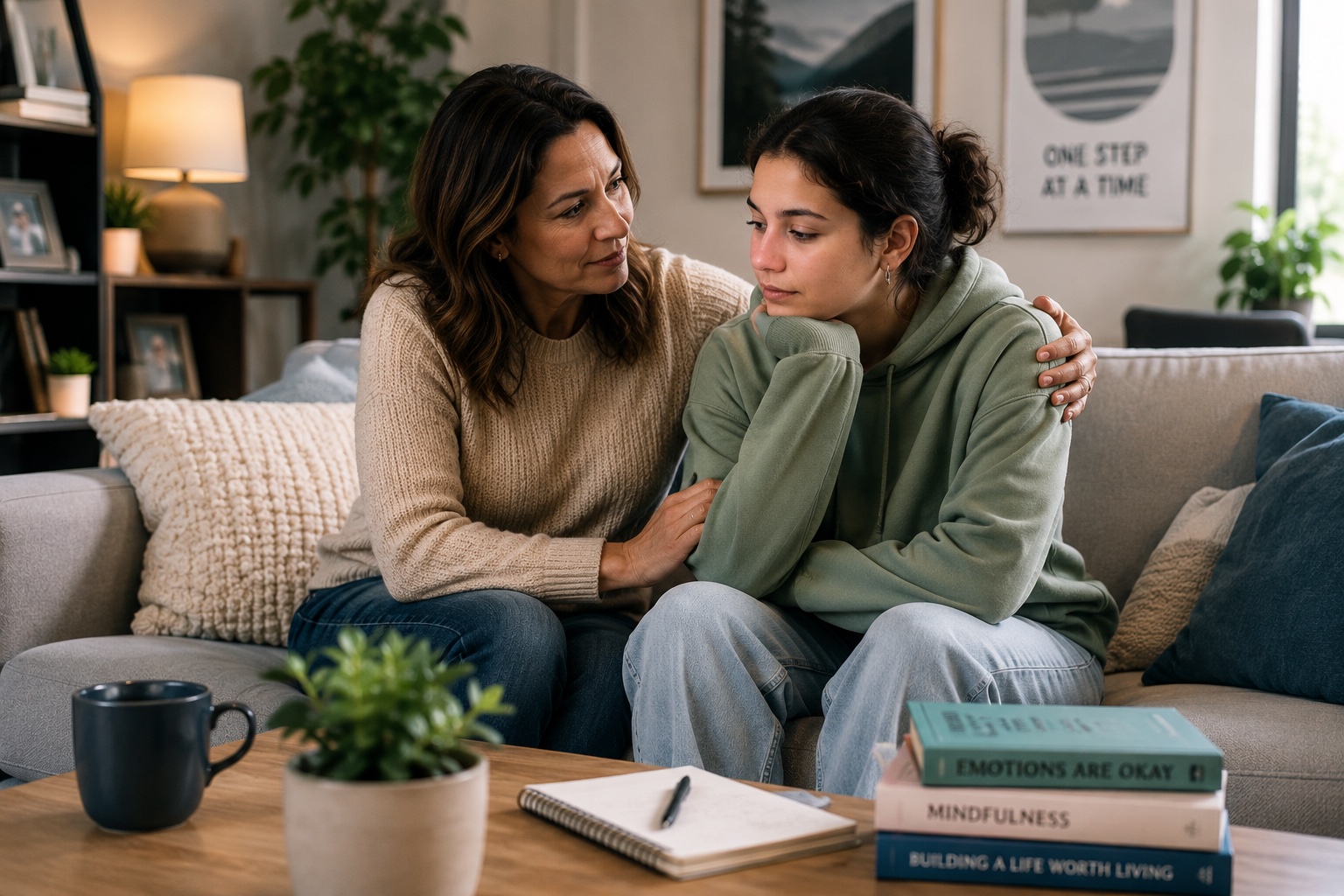 A parent comforting their teenager on the couch at home
