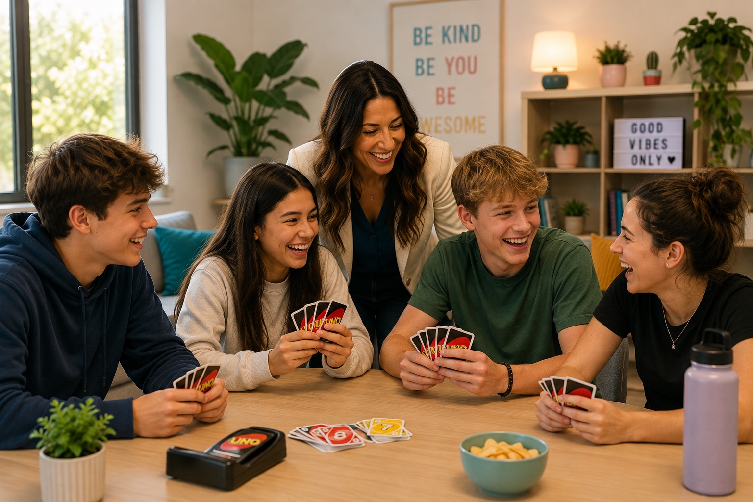 A small group of teenagers playing a card game together during the PEERS Friendship and Communication Bootcamp