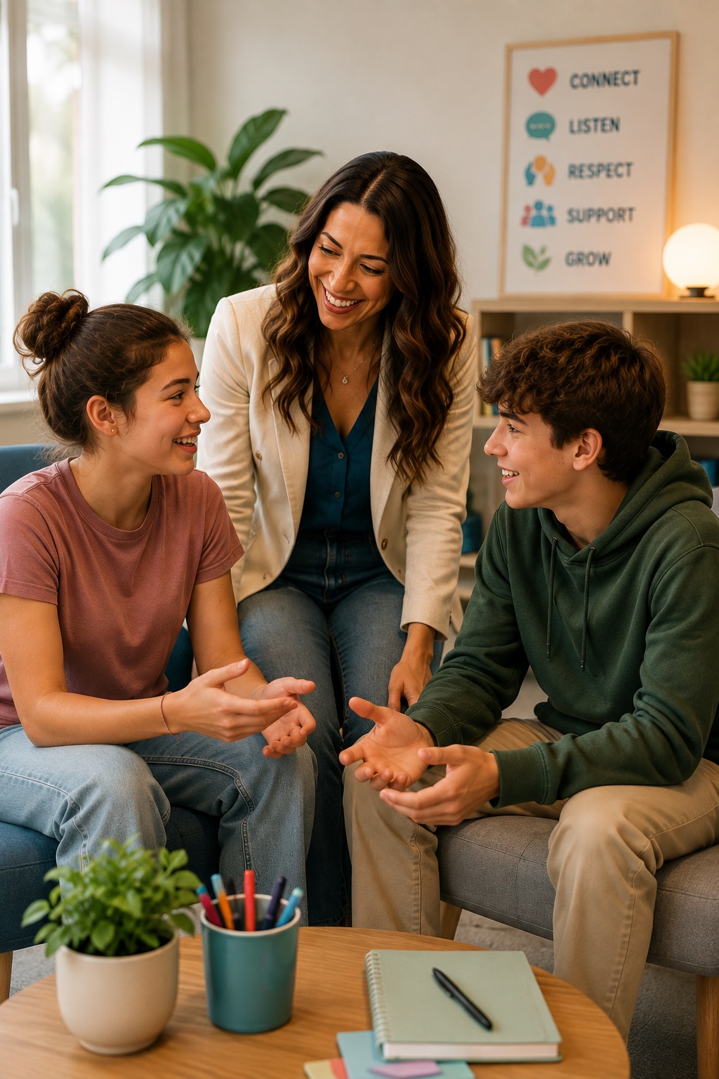 A psychologist facilitating a conversation between two teenagers during the PEERS Friendship and Communication Bootcamp