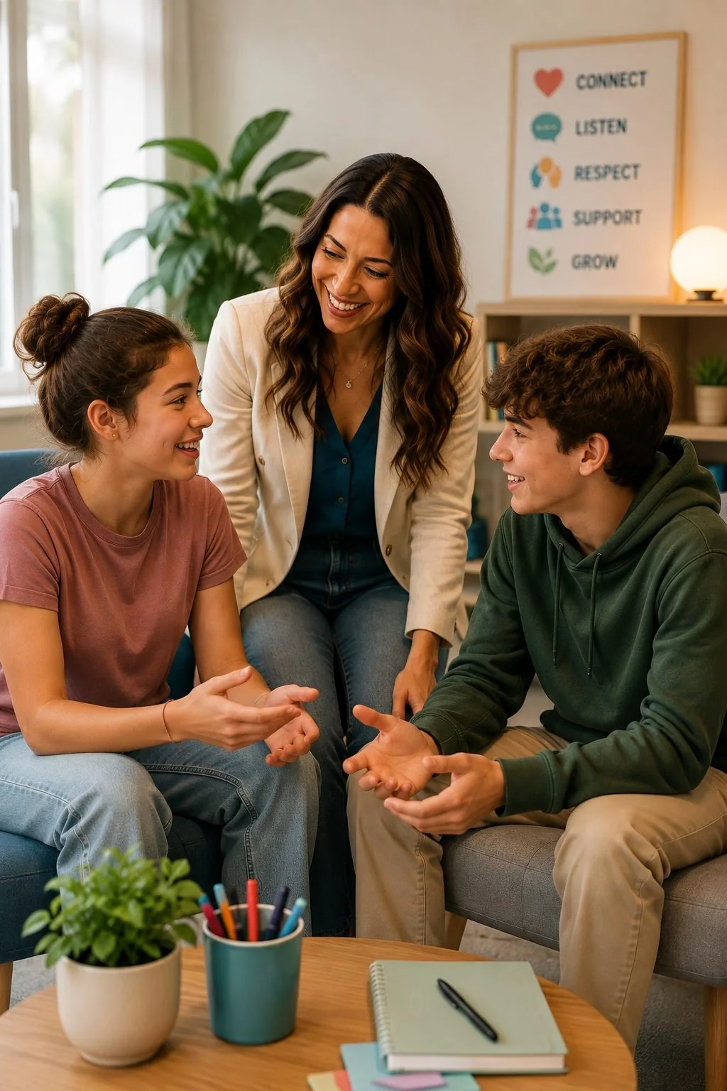 A psychologist facilitating a conversation between two teenagers during the PEERS Friendship and Communication Bootcamp