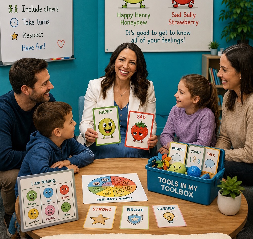 A facilitator sitting with a group of young children using emotion cards and a feelings wheel