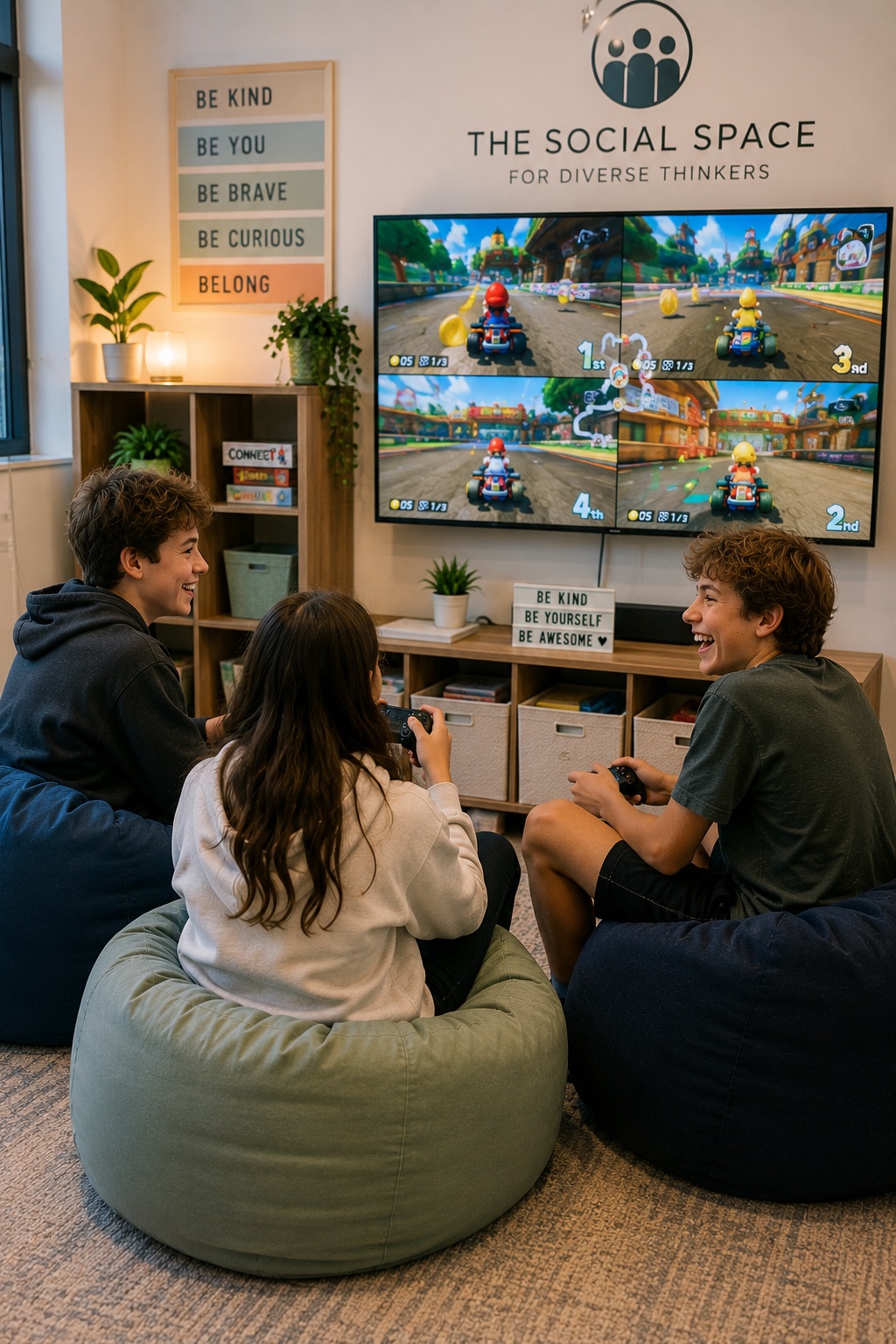 Teenagers laughing together while playing a racing game at Gaming Club