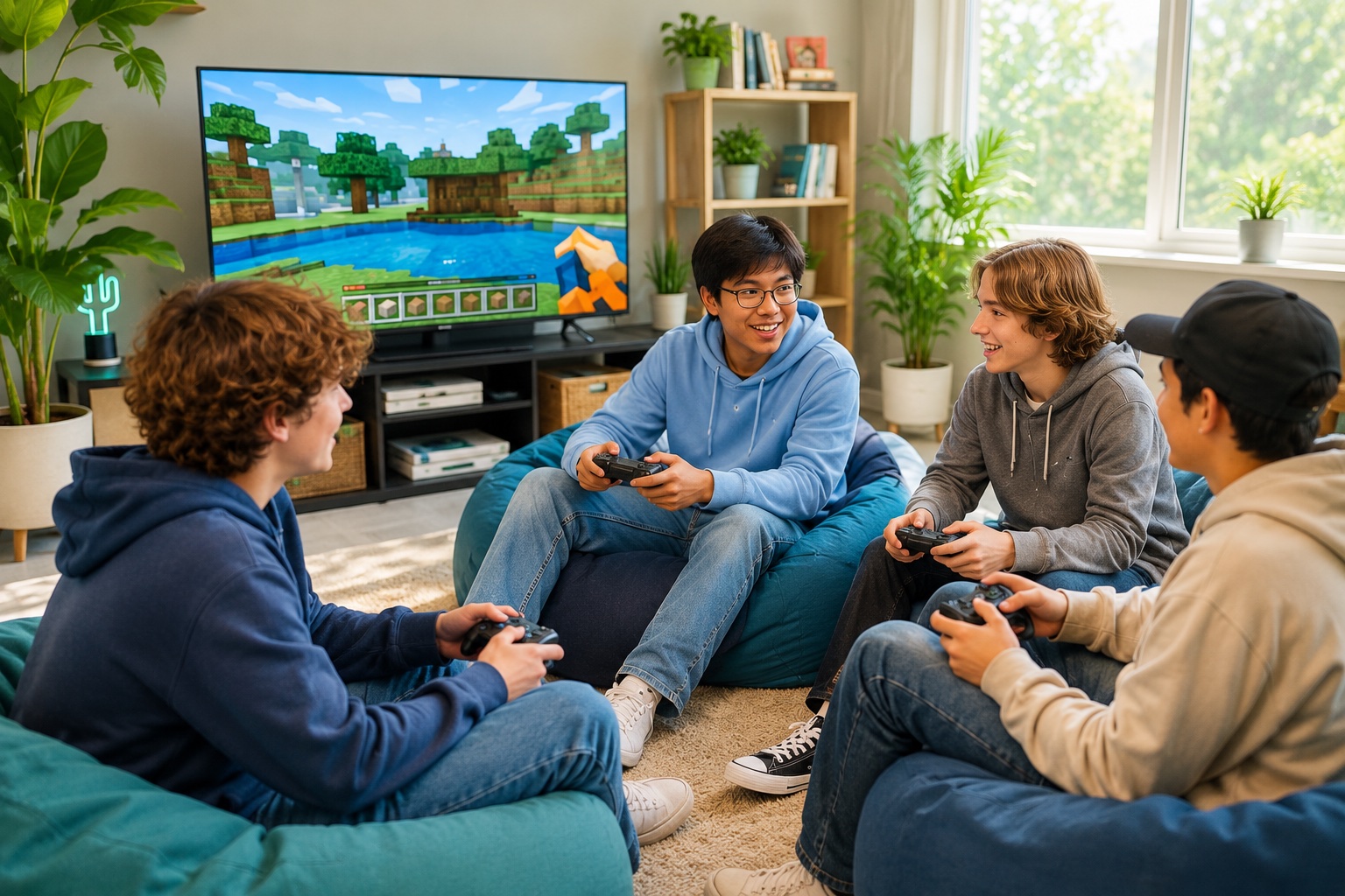 Teenagers sitting together playing video games in a relaxed lounge setting at Gaming Club