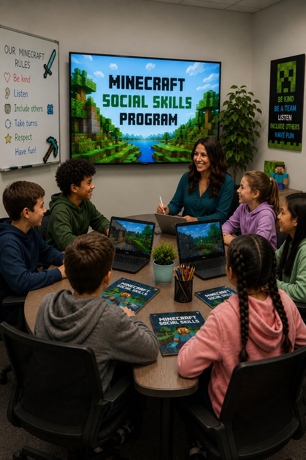 Children collaborating through Minecraft® during a Minecraft® Social Skills Program session
