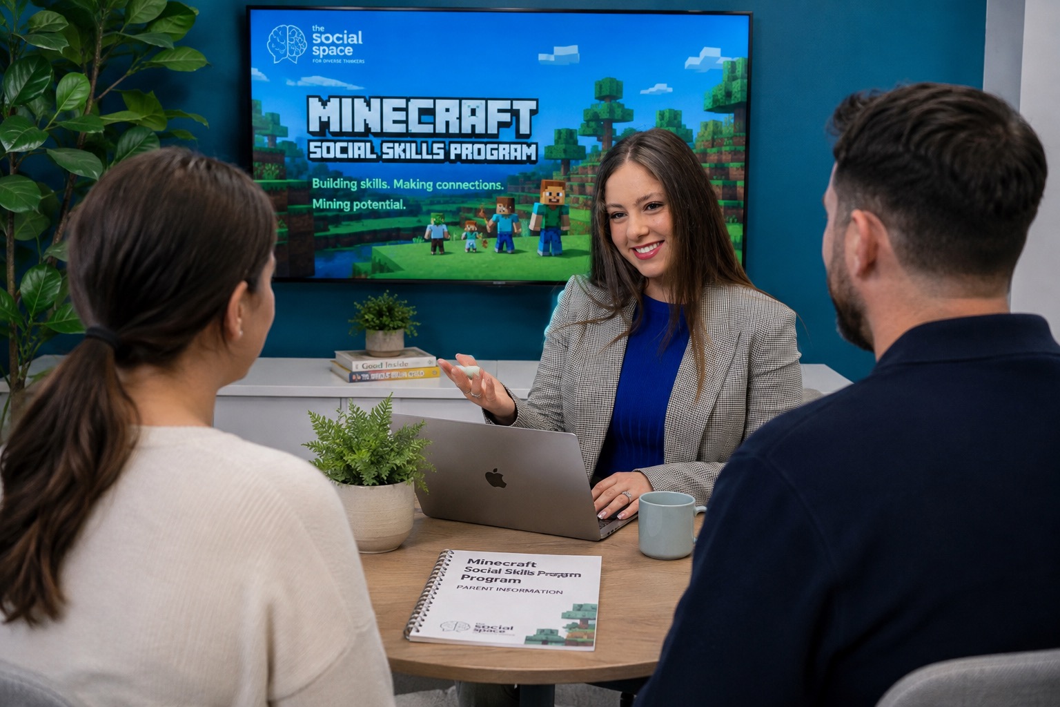 A facilitator speaking with parents/carers during a Minecraft® Social Skills Program feedback session