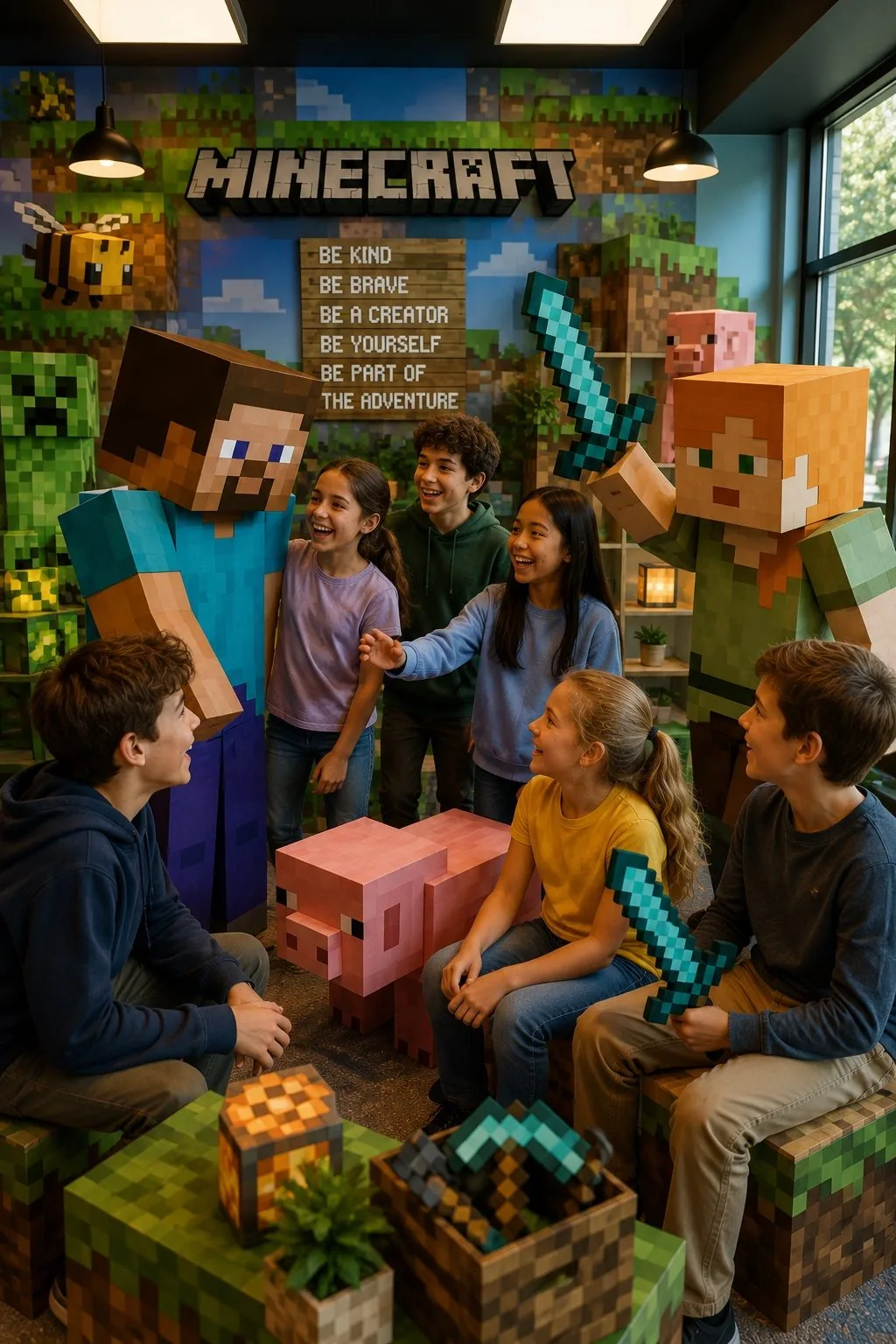 Teenagers gathered around Minecraft-themed decorations and props, laughing together