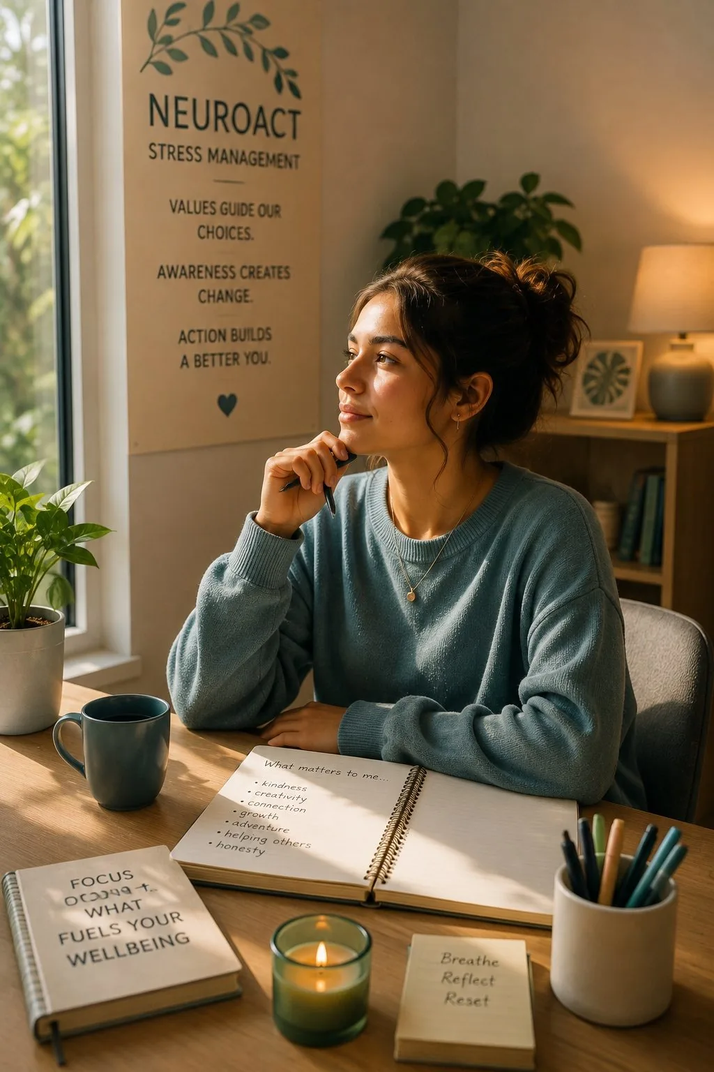 A young adult journaling and reflecting on what matters to them during NEUROACT® Stress Management