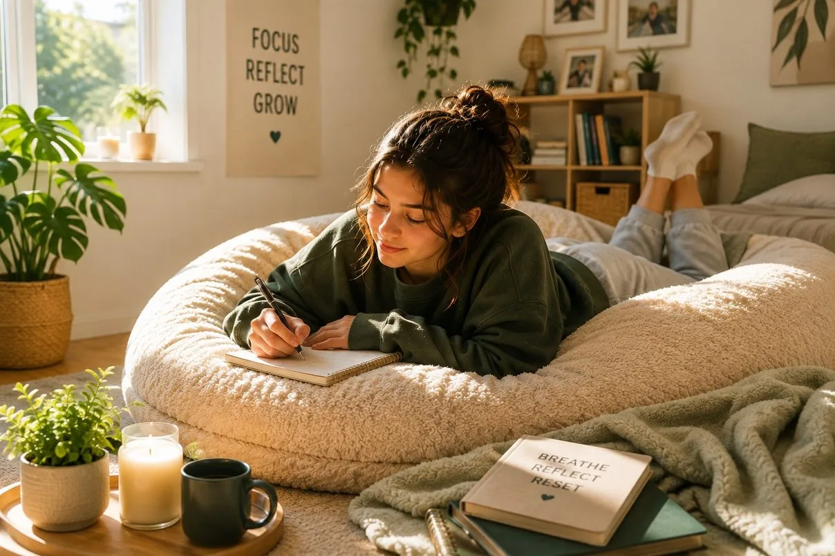 A young person journaling and reflecting on what matters to them