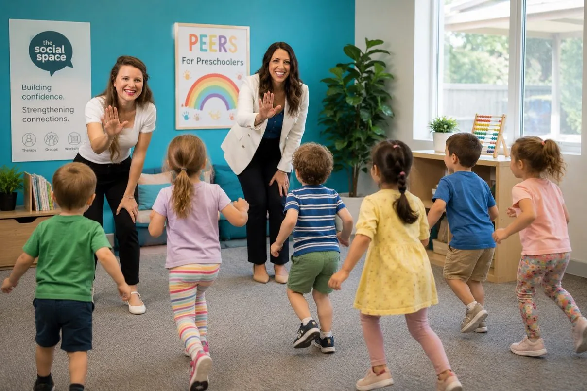 Illustrative image of young children moving together during a preschool group session