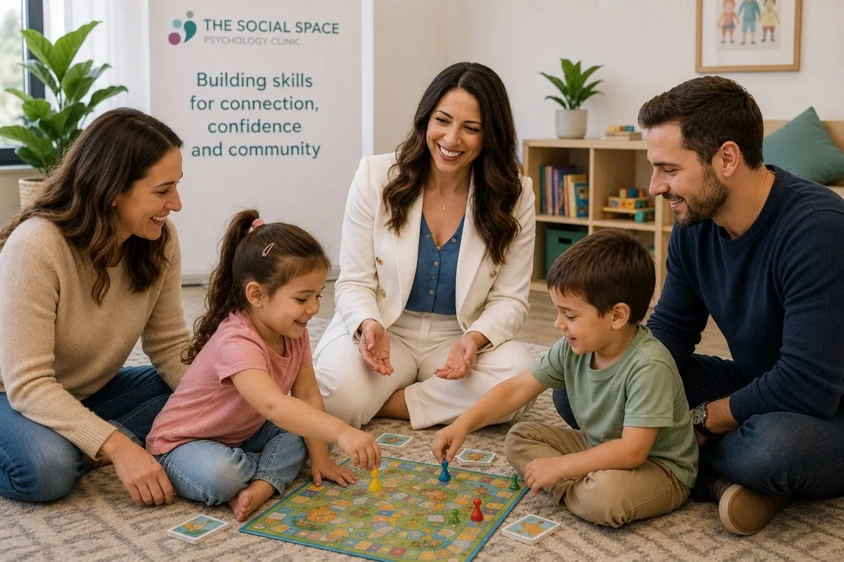 Illustrative image of a family playing a board game on the floor with two young children
