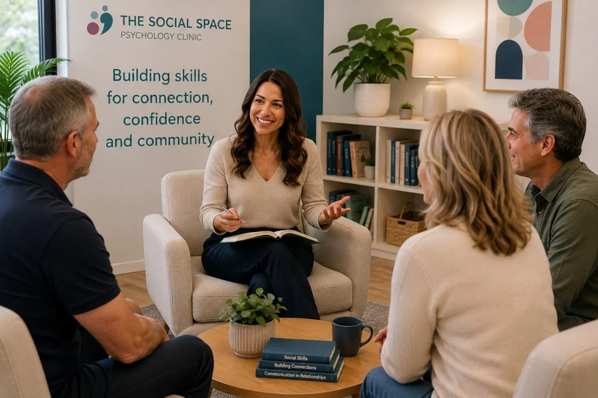 A facilitator talking with a young adult and their social coaches during a PEERS® for Young Adults session