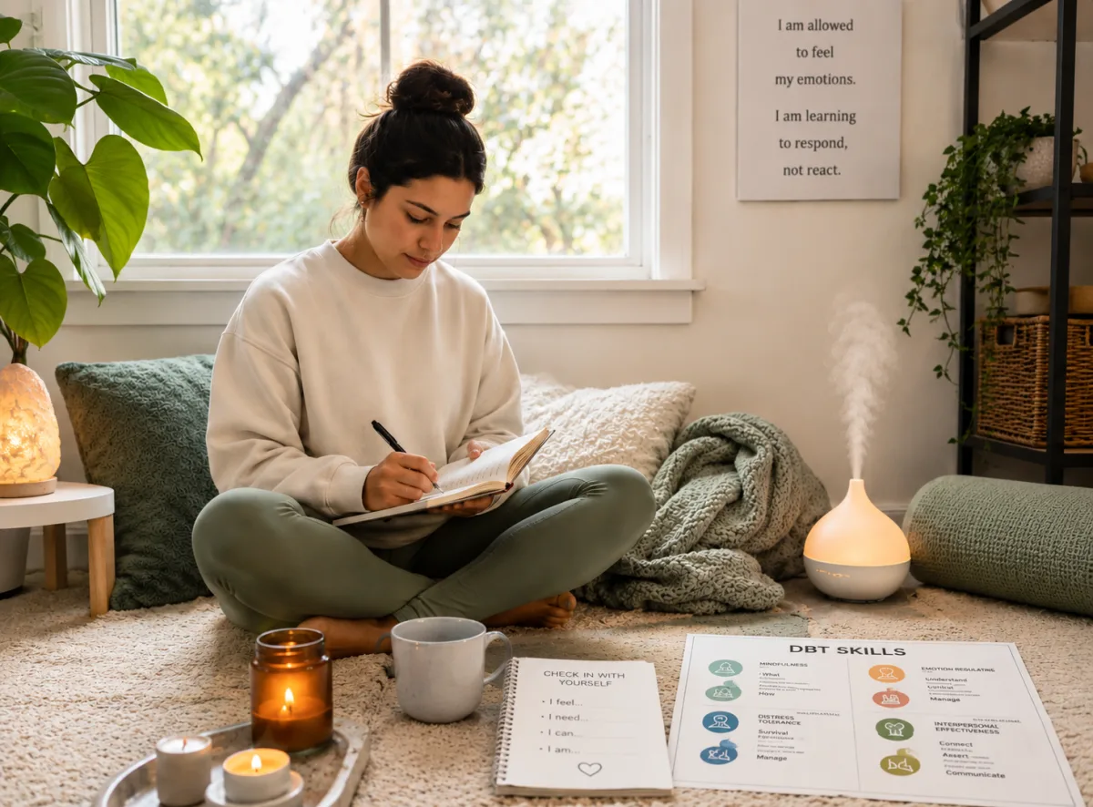 DBT skills reference materials laid out during a self-guided practice session