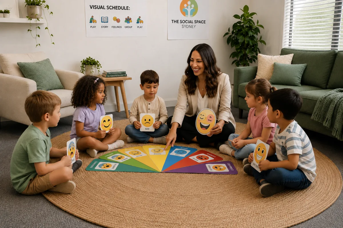 Illustrative image for Fun with Feelings — young children seated in a circle around a colourful feelings wheel, each holding an emotion card