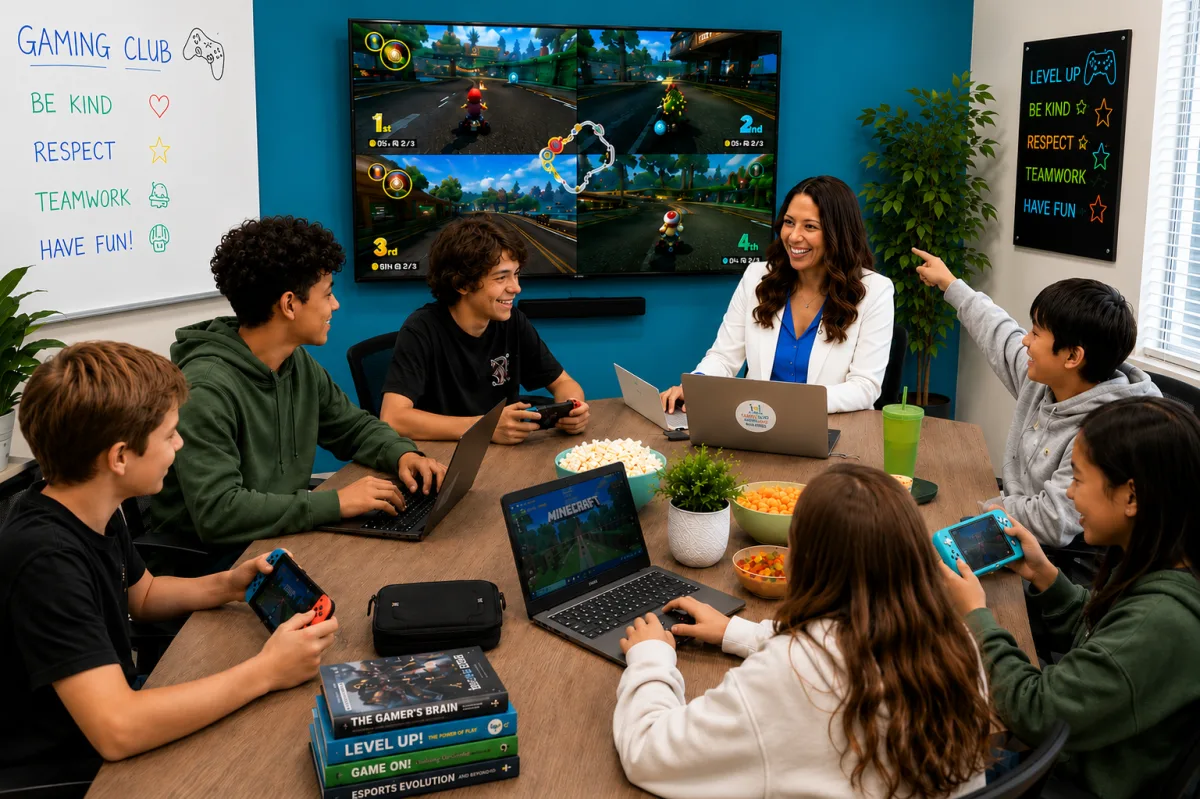 Children and teenagers gaming together at Gaming Club