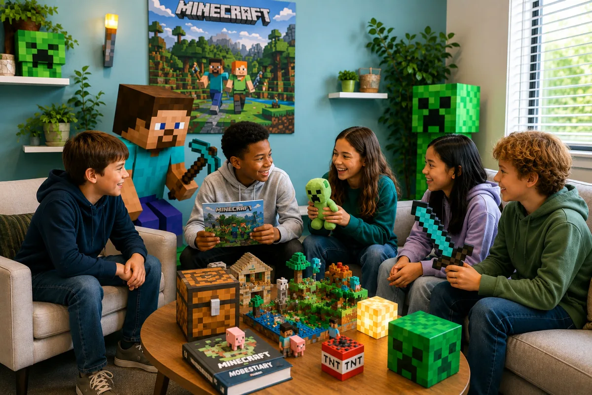 Illustrative image for the Minecraft® Social Skills Program — a group of children sharing Minecraft builds, plush toys and books around a table