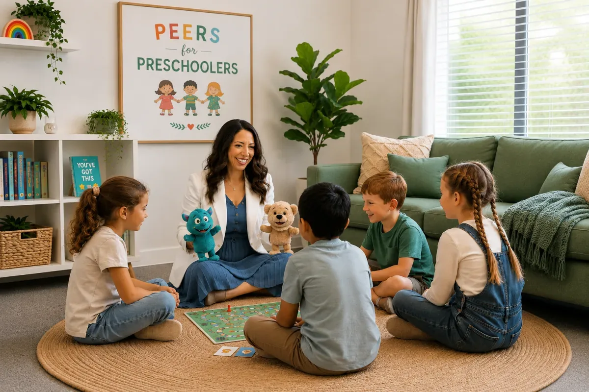A psychologist introduces puppets to a small group of children during a PEERS® for Preschoolers session