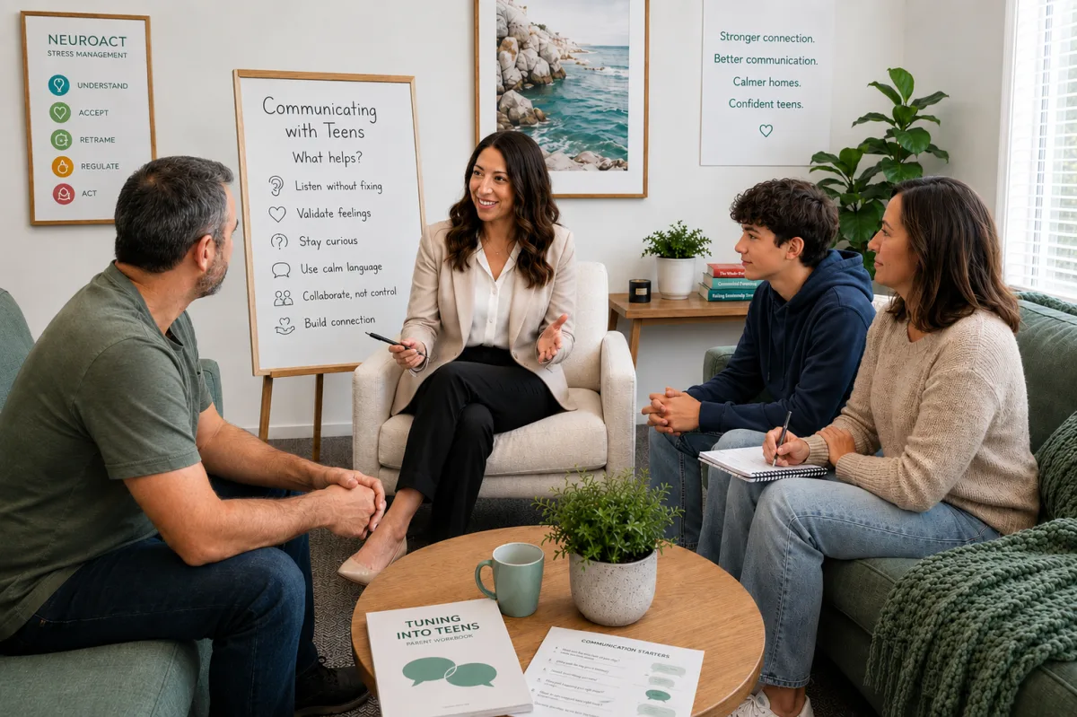 A facilitator talking with a family about communicating with teenagers