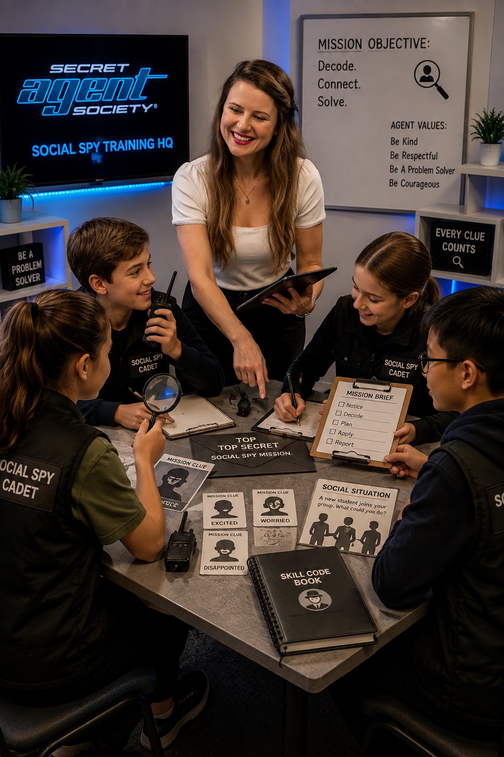 A facilitator working with a group of children on Secret Agent Society® social-spy mission activities at the Social Spy Training HQ
