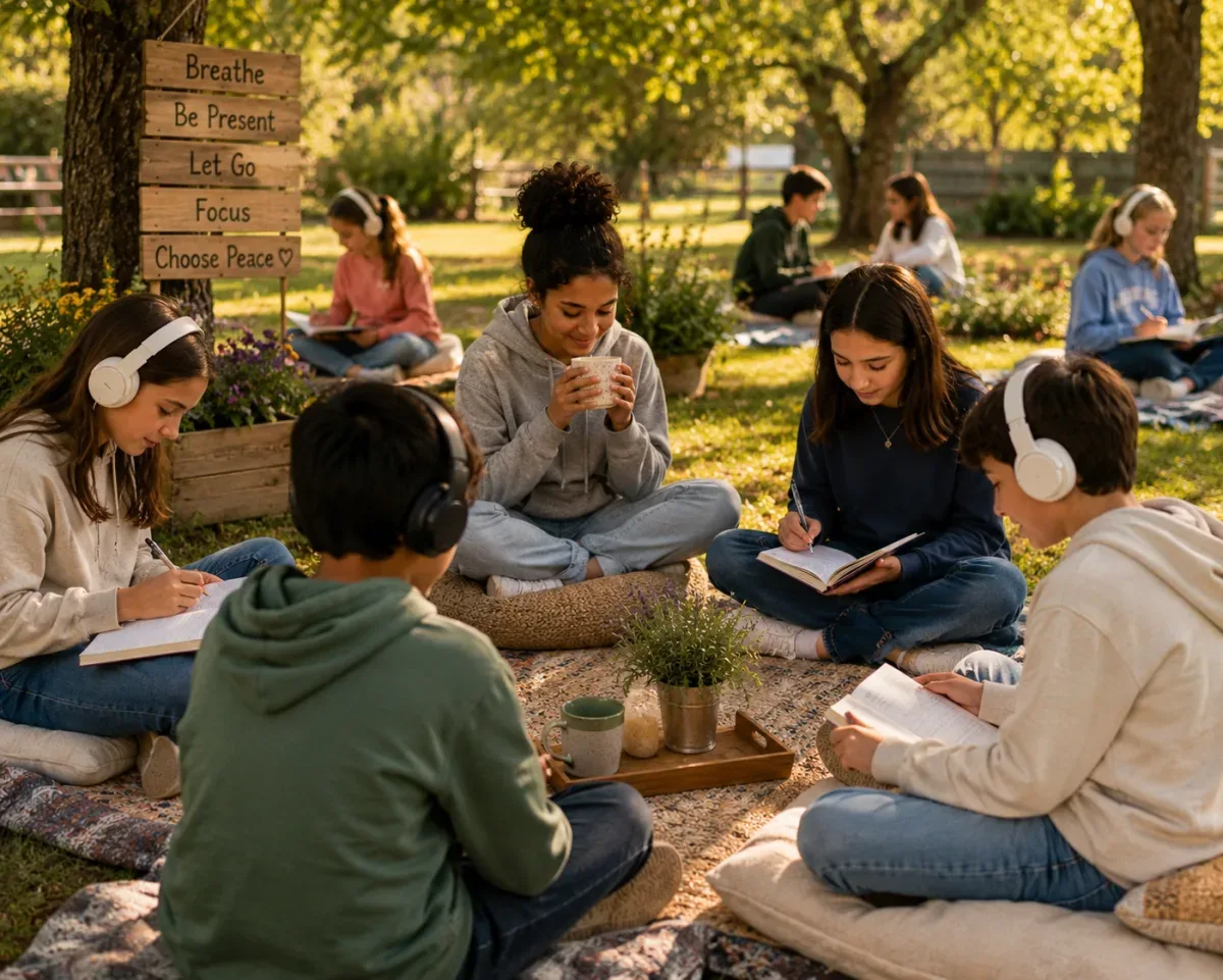 Secondary students journaling and reflecting together on school grounds during a NEUROACT session