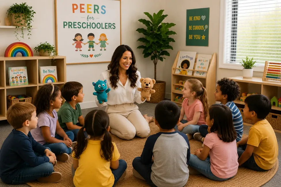 A group of preschool-aged children sitting together during a PEERS® for Preschoolers session