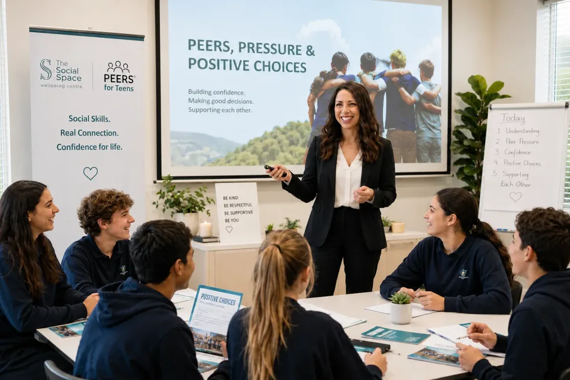 A facilitator working with a small group of students in a school environment