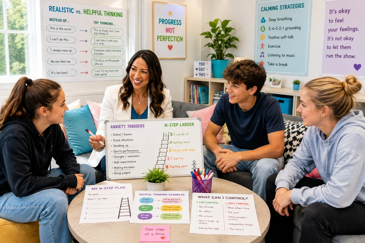 Teenagers and a psychologist working through an anxiety stepladder and helpful thinking examples