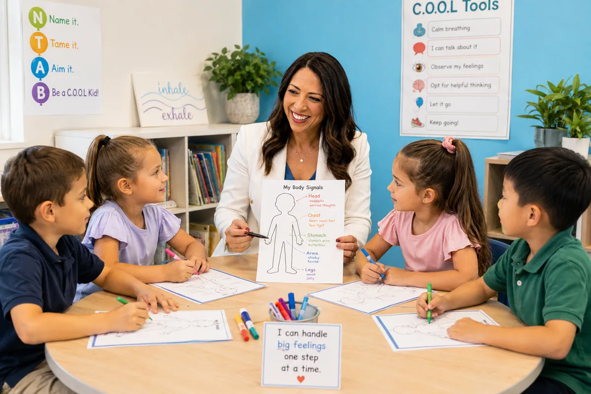 A psychologist showing children a 'My Body Signals' handout mapping where anxiety is felt in the body