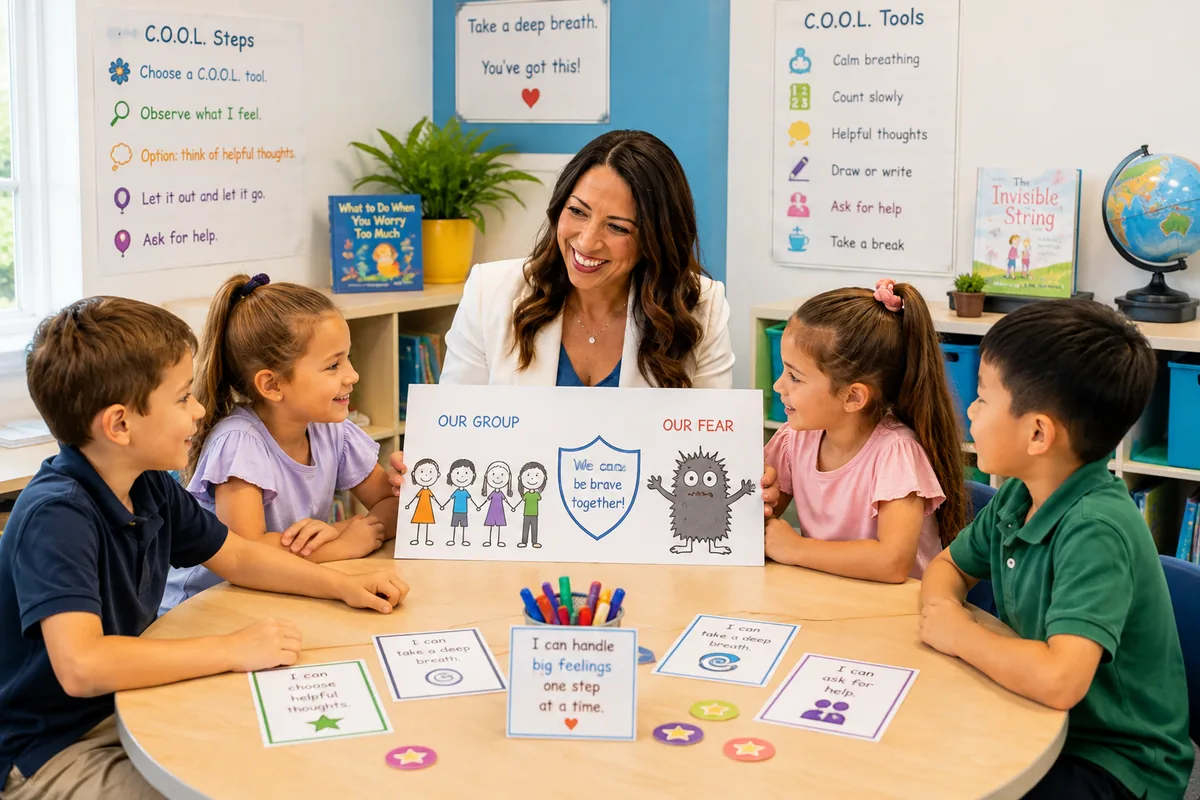 A psychologist and a group of children in a classroom holding an 'Our Group, Our Fear' poster surrounded by C.O.O.L. Steps and coping-strategy cards