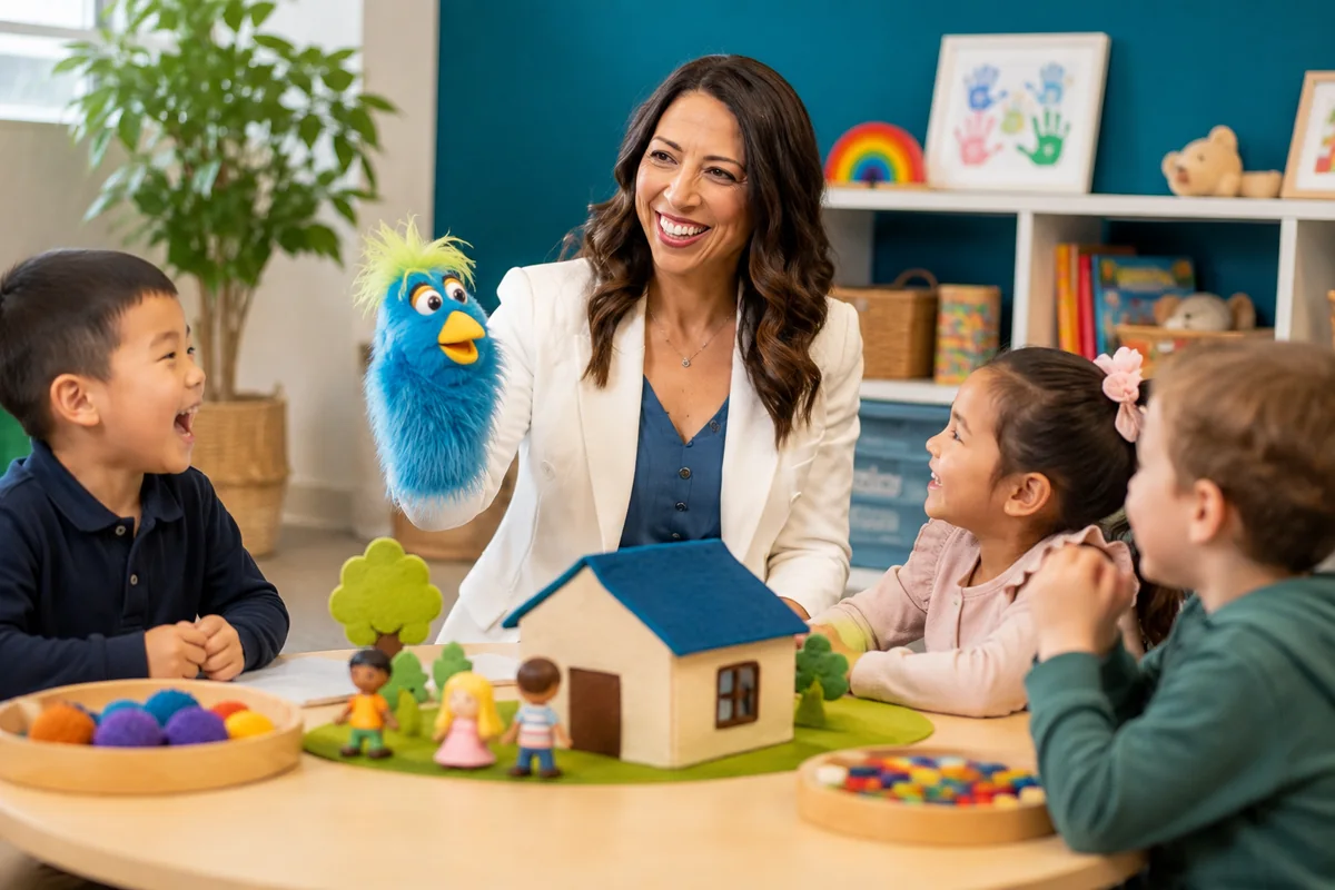 A small group of preschool children taking part in a puppet-led activity with a facilitator