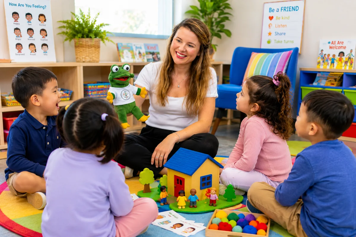 A facilitator using a puppet with a small group of preschoolers on the mat in an early learning classroom