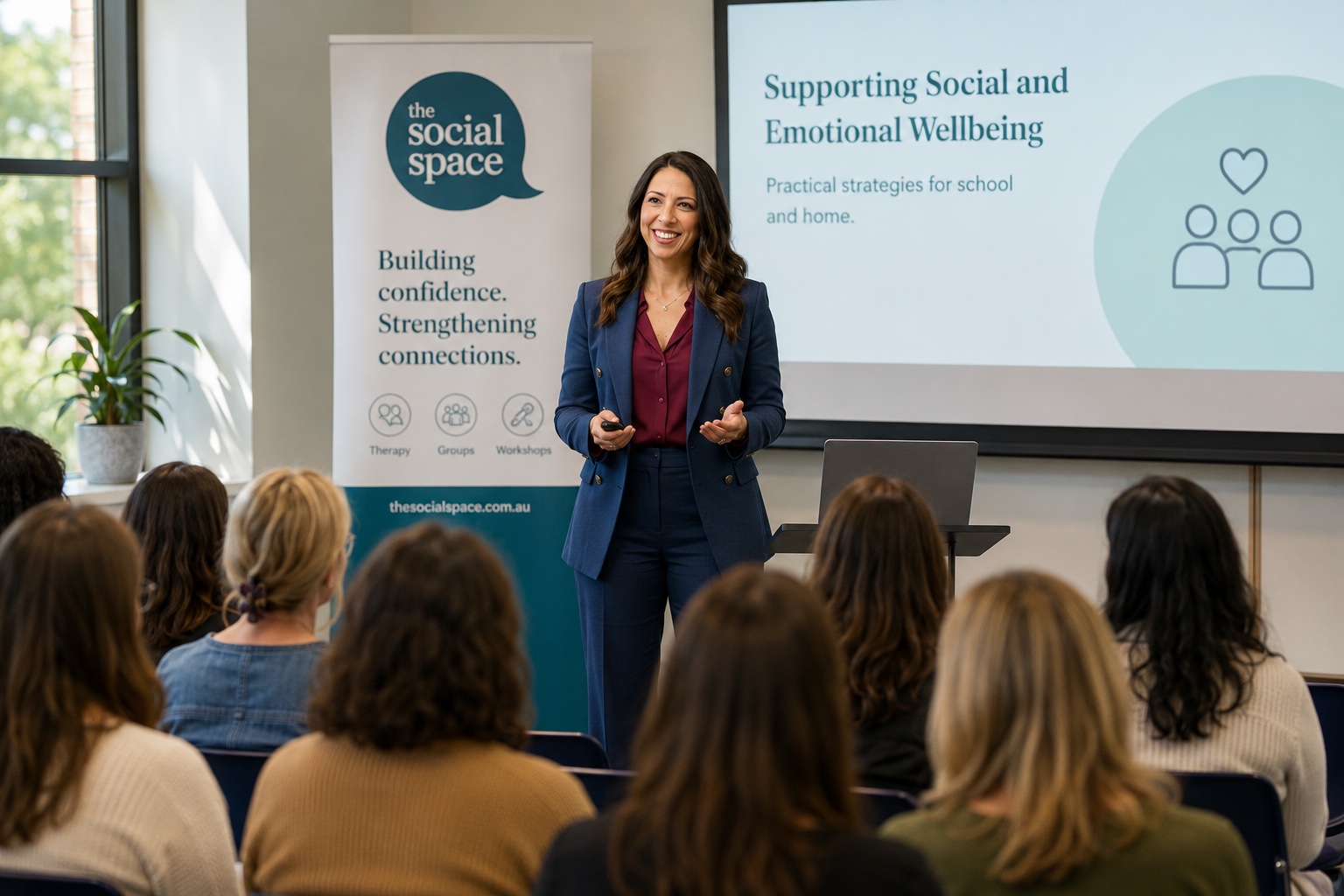 Illustrative image of a Social Space facilitator presenting during a school seminar