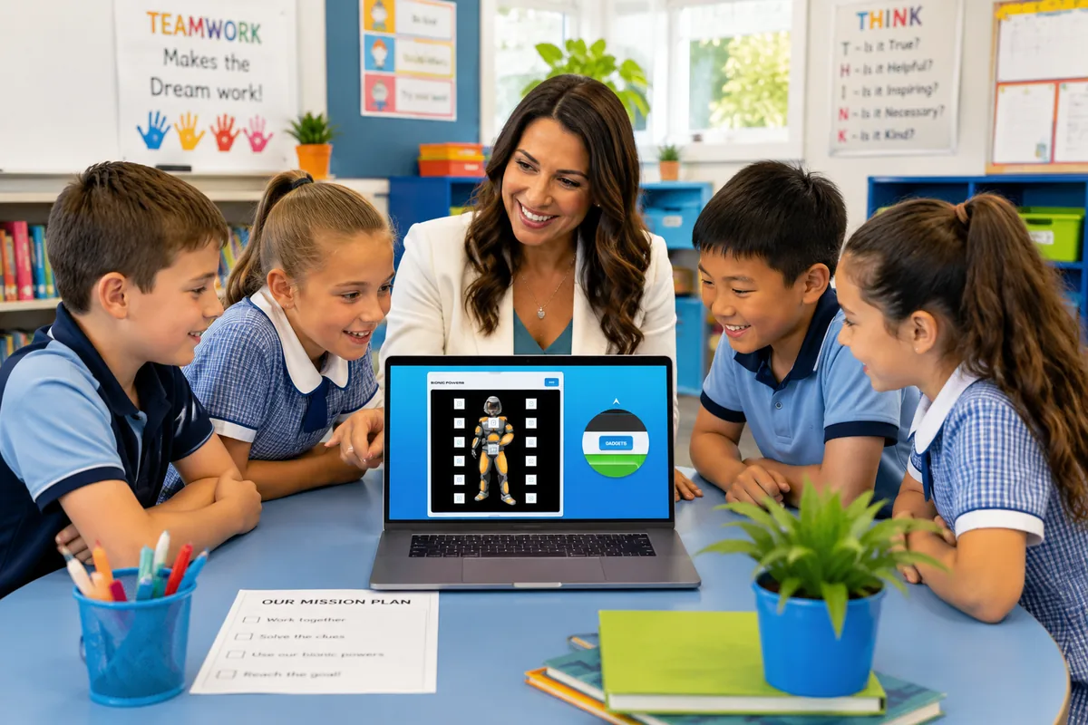 Primary-school students in uniform gathered with a psychologist around a laptop showing a Secret Agent Society® digital activity, with a mission plan on the table