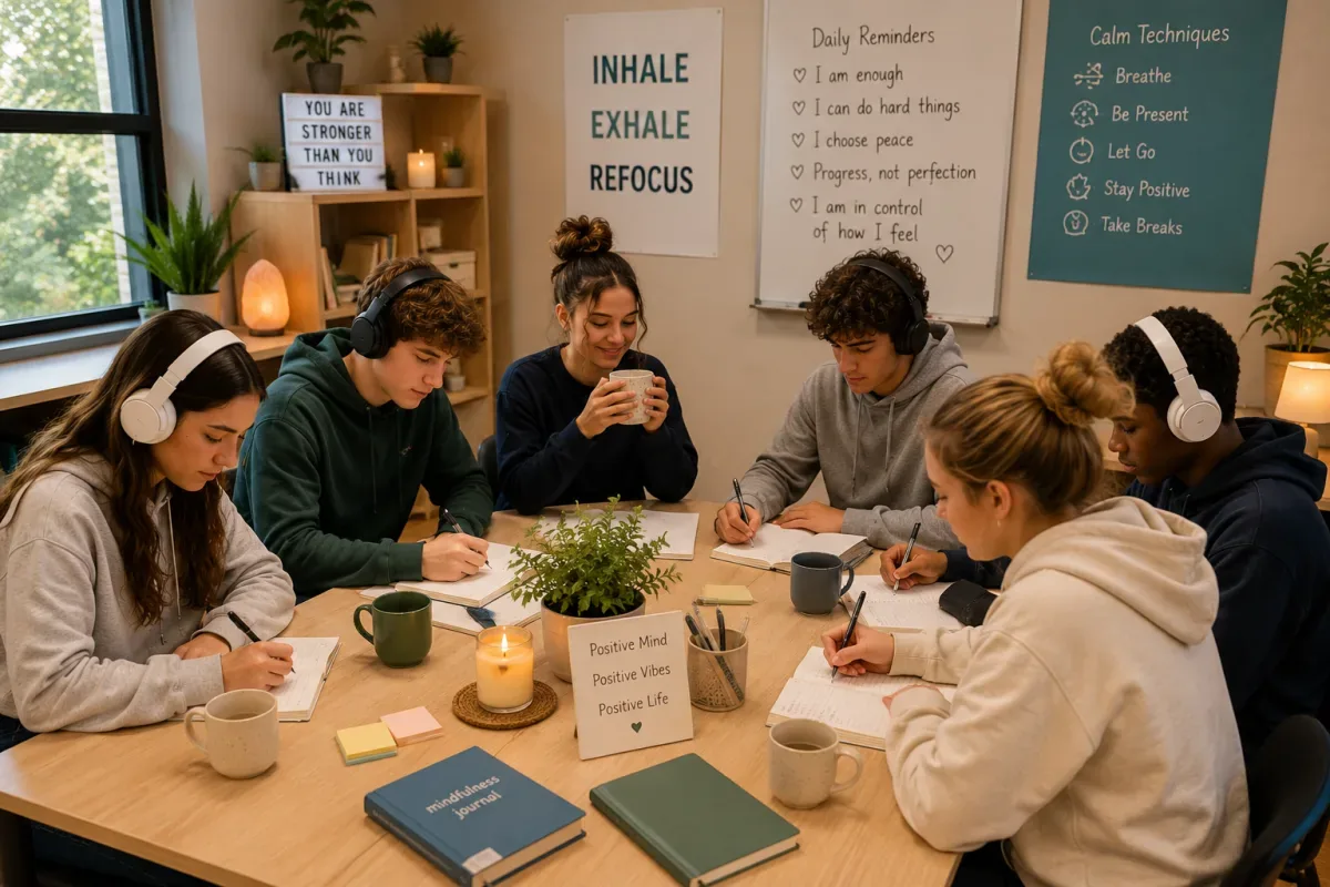 Secondary students journaling together in a calm room with stress-management prompts on the wall