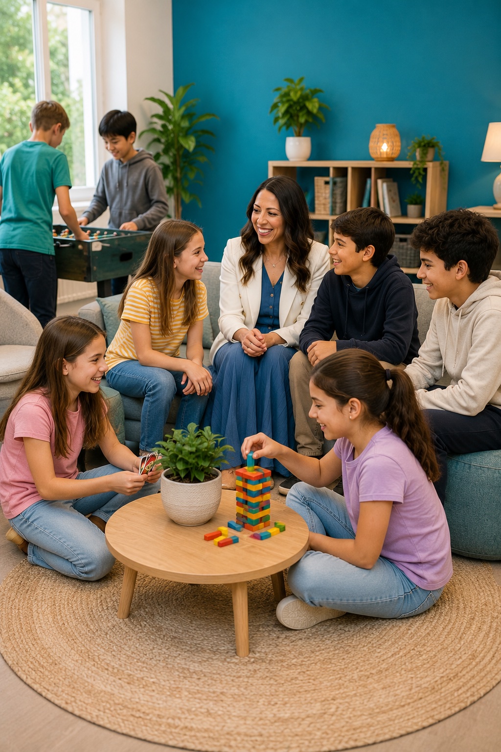 A group of children and teenagers playing games together with a facilitator