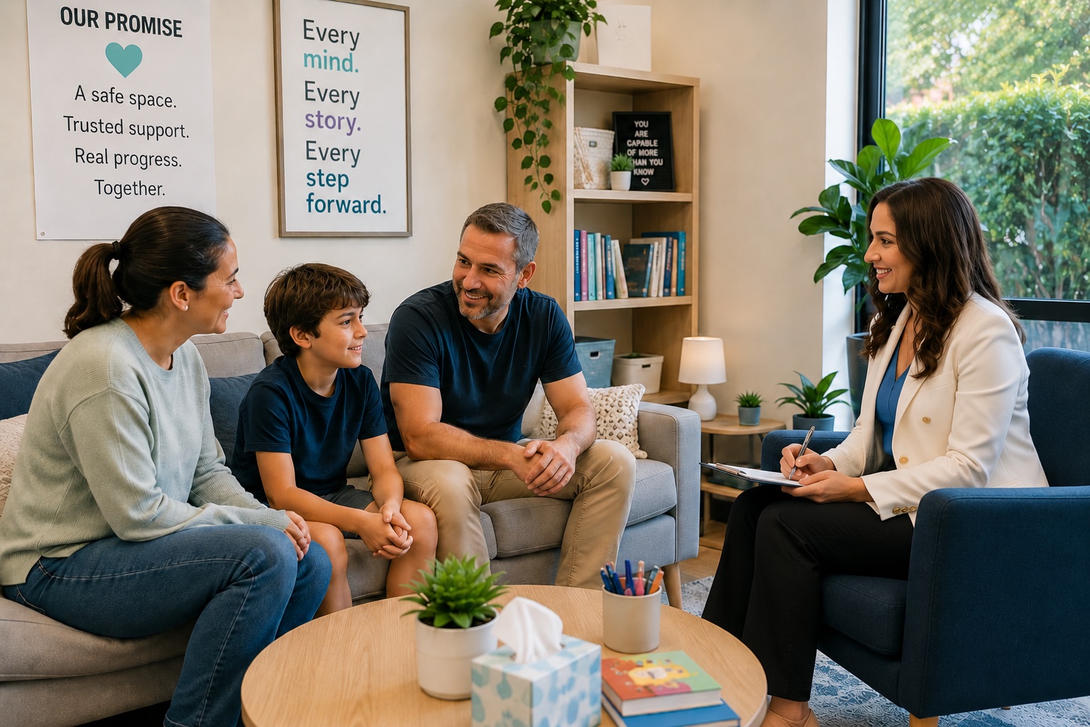 A psychologist talking with a family during a family therapy session