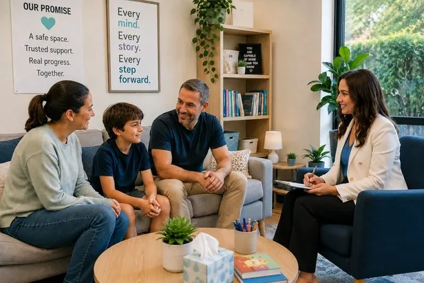 A psychologist talking with a family during a family therapy session