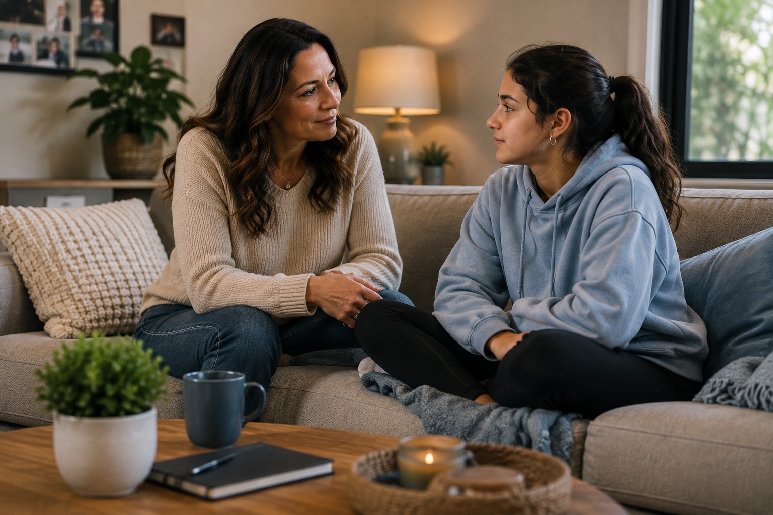 A parent talking with their teenager on the couch at home