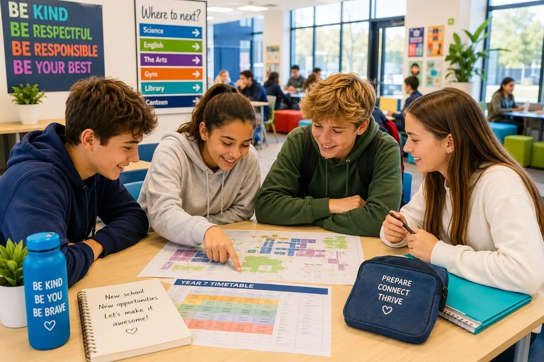 Year 7 students reviewing their school map and timetable together